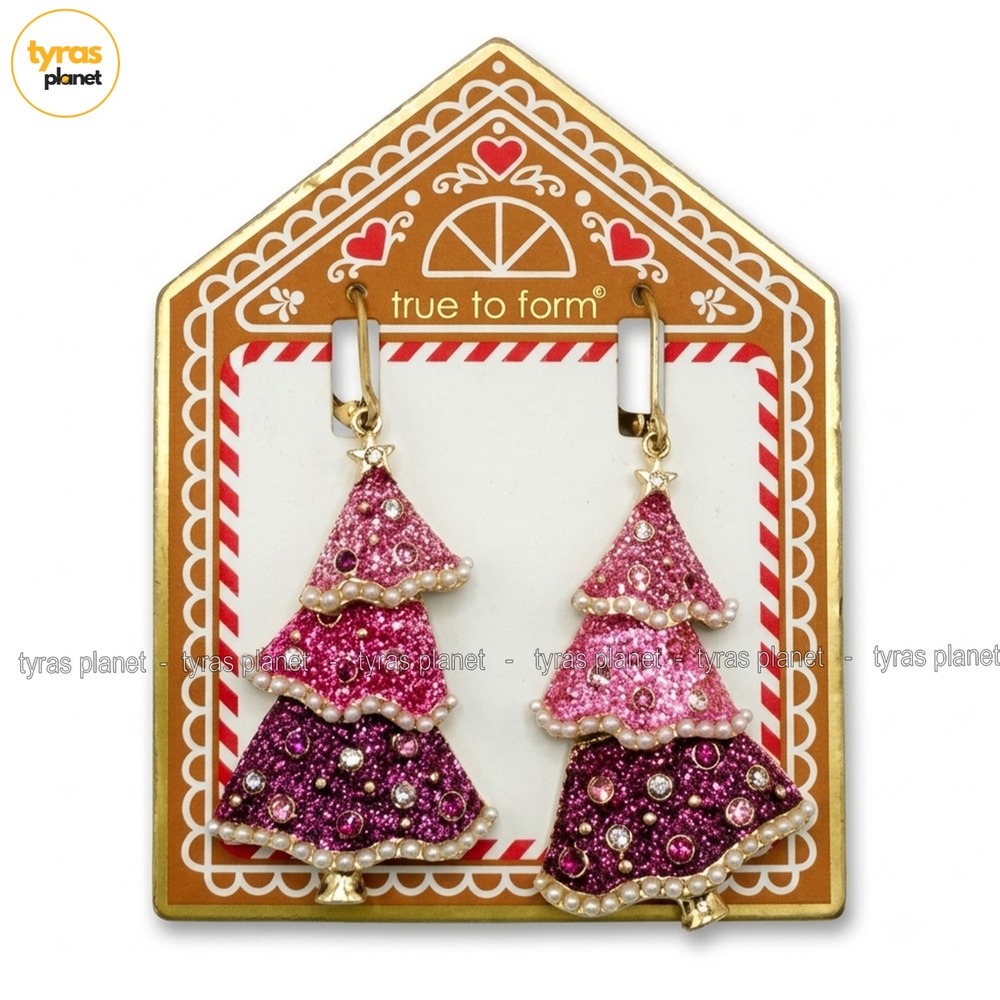 True to Form Pink Tiered Christmas Tree Earrings Glitter Pearl Holiday NEW